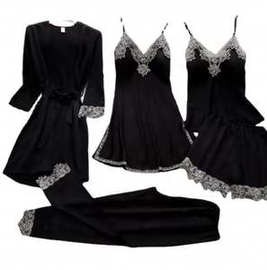 Sfy1914 Wholesale 5 Pieces Women's Lace Silk <b>Robe</b>+Top+Dress+Shorts+Trousers Pajamas Set Breathable <b>Sheer</b> 3D Embroidery Nightgown - Product Image 4