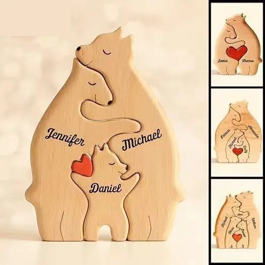 घर की सजावट के आभूषण हस्तनिर्मित पाइन लकड़ी के पहेली खिलौने शिल्प पशु भालू हाथी के आकार लकड़ी के भालू परिवार पहेली