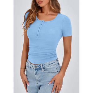 Womens Ribbed Henley Button Short Sleeve T Shirt Slim Fit Casual <b>Top</b> Breathable Knitted Cotton Spandex Blend Fashion Clothing - Product Image 6