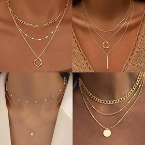 Colliers superposés en or 18 carats, 9 pièces, <span class=keywords><strong>pour</strong></span> femmes, avec pendentif chaîne cubaine simple style trombone, <span class=keywords><strong>pour</strong></span> cadeau de fête ou usage quotidien, fabriqué en Chine - Product Image 4