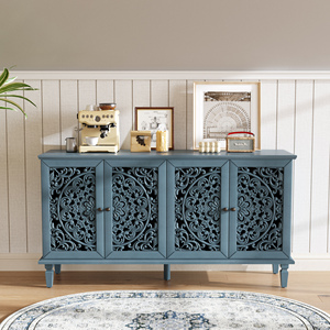 Antique Buffet Cabinet 60 In Solid Wood Legs Brass Handles Adjustable <b>Shelves</b> TV Stand - Product Image 2
