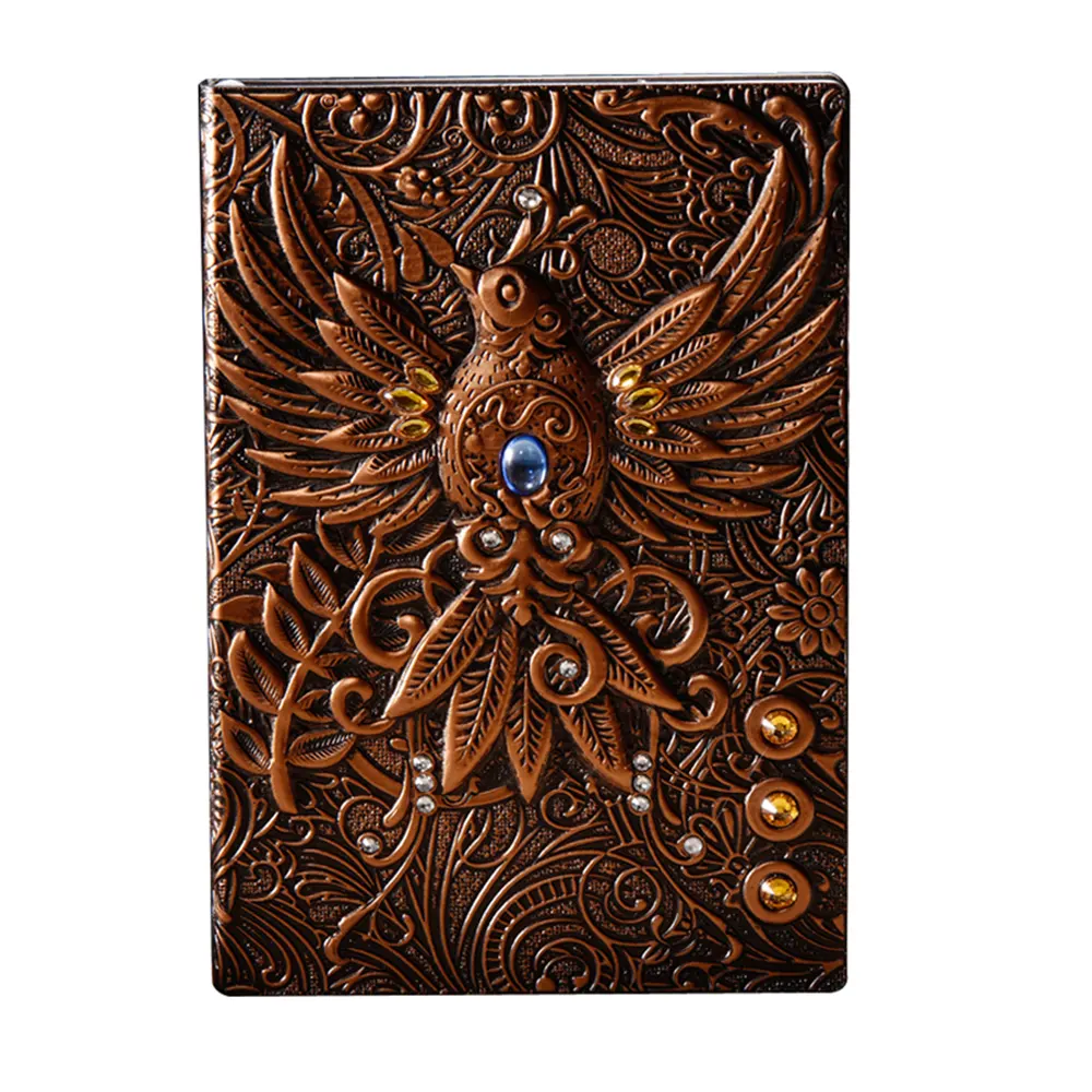 A5 deri 3D kabartmalı kuş günlüğü günlüğü dizüstü Phoenix hediye Retro antika el yapımı günlük not defteri Sketchbook özel bronz