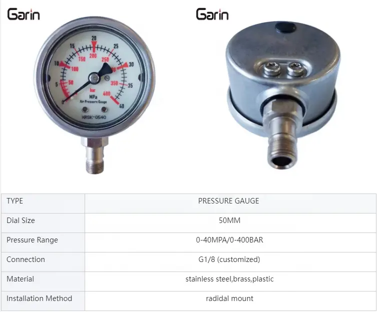 مقياس ضغط الهواء المضيء المصنوع من الفولاذ المقاوم للصدأ G1/8 ذو الضغط العالي 400 بار