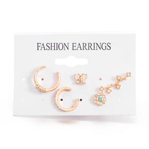 Pendientes de hoja tallada hueca bohemia de nuevo estilo europeo y americano con forma geométrica y incrustaciones de piedras preciosas Juego de orejas de 5 piezas - Product Image 2