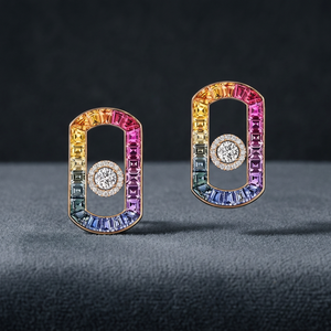 Boucles d'oreilles clous géométriques de luxe en or 18 carats avec saphir arc-en-ciel et diamant taille brillant rond pour femme, à porter au quotidien - Product Image 2