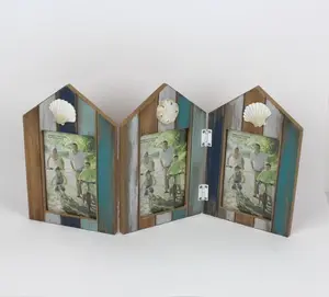 Décorations en bois personnalisables Cadre photo en bois rustique à 3 cadres photo en résine et coquillage Cadre photo en bois Décoration de table pour la maison