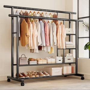 Porte-manteau double en métal OEM Cedar Space avec roulettes verrouillables, <span class=keywords><strong>étagère</strong></span>s de rangement épaissies antirouille <span class=keywords><strong>pour</strong></span> chaussures et vêtements - Product Image 1