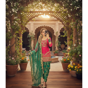 Elegante Traje Tradicional Punjabi en Rosa y Verde, Ropa India y Pakistaní, Marca Mayra, Talla M/38 - Product Image 3