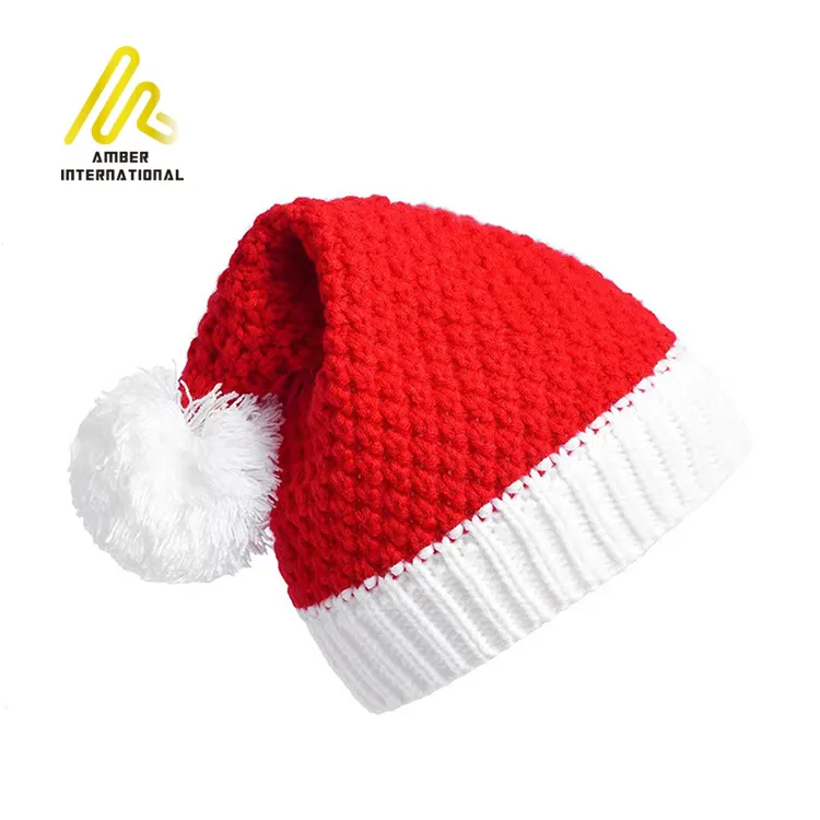 高速配送クラシックレッドホワイトカラーマッチングクリスマスかぎ針編みポンポンニットビーニー帽子かわいい