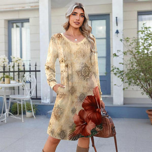 Vente chaude décontracté doux col en v <span class=keywords><strong>a</strong></span>-ligne à manches longues robe élégante femmes tricoté plissé imprimé robe mi-longue avec poches latérales - Product Image 1