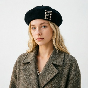 Wholesale Vintage Punk Slouchy <b>Beret</b> Hat for Women Custom Wool Felt Metal Safety Pin Decor Artist Cap - Product Image 3