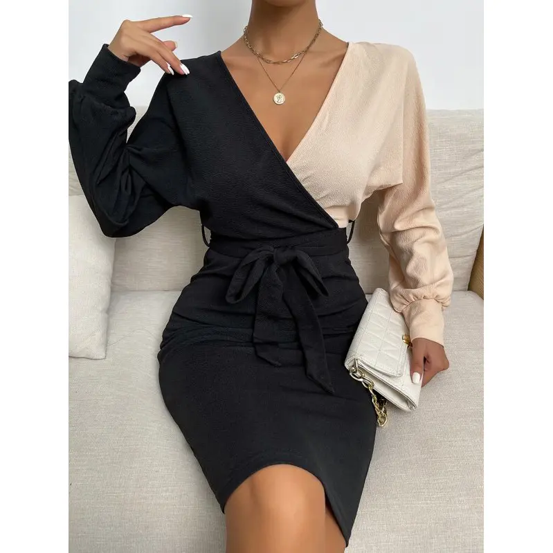 Spring Fall Deep V Neck High Waist Patchwork Two Tone Batwing Sleeve Belted Long Sleeve Bodycon Dresses Office Dresses Women