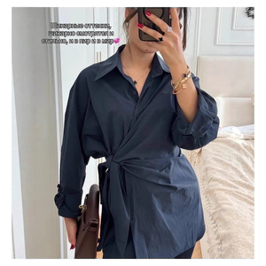 Chemise en coton à lacets sur le côté, style européen et américain, coupe amincissante polyvalente pour taille XL - Product Image 4