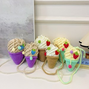 Borsa a tracolla in maglia per bambina, mini borsa <span class=keywords><strong>all</strong></span>'<span class=keywords><strong>uncinetto</strong></span> con catene, fiori di perle e chiusura a cordoncino, motivo cartone animato simpatico con coni gelato - Product Image 1