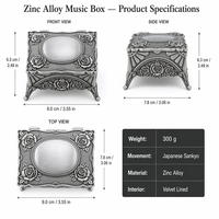 Boîte à bijoux en alliage de zinc avec mouvement Sankyo, plaque rectangulaire gravée motif rose, intérieur en velours, boîte à musique personnalisée OEM 18s