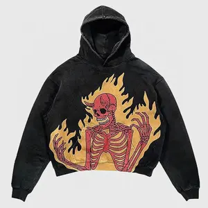 Jersey de algodón de gran tamaño lavado con ácido crop top sudaderas con capucha logotipo personalizado DTG pantalla estampado de calavera recortada Vintage Sudadera con capucha desgastada para hombres