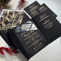 Invitations de mariage personnalisées en acrylique noir et or, style européen, estampées à chaud, finition bronzée, cartes imprimées haut de gamme