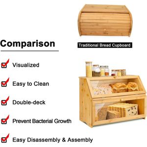 Double Layered Bamboo Bread Box With Transparent Window Large Capacity Wooden Storage For <b>Kitchen</b> Countertop Freshness - Product Image 4