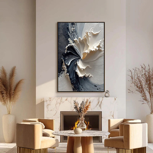 Large Bloom Textured Wabi Sabi Abstract Floral Painting <b>Black</b> and Beige <b>Framed</b> Canvas Decorative Arts Hand Painted Artwork - Product Image 5