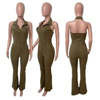Salopettes et combinaisons décontractées d'été pour femmes en denim, à logo uni, dos nu, col à revers, haute élasticité, avec techniques de lavage transfrontalières
