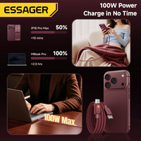 Câble de données USB-C à USB-C ESSAGER ES-X91 5A PD 100W pour ordinateur portable et téléphone, charge rapide, compatible avec iPhone, Samsung, Xiaomi