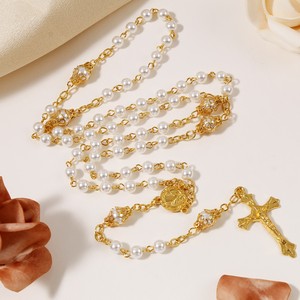Collar de Rosario de Perlas Doradas de 8mm al por Mayor, Joyería Religiosa con Cruz y Cadena de Cuentas, Precio de Fábrica, Cruz para Colgar en el Coche - Product Image 2