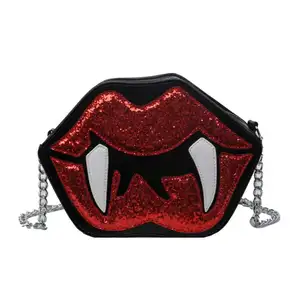 Halloween Devil Personalized Party Red Sequins Sexy Lip Shape Handbag Custom Funny Cartoon Purse Crossbody Bag