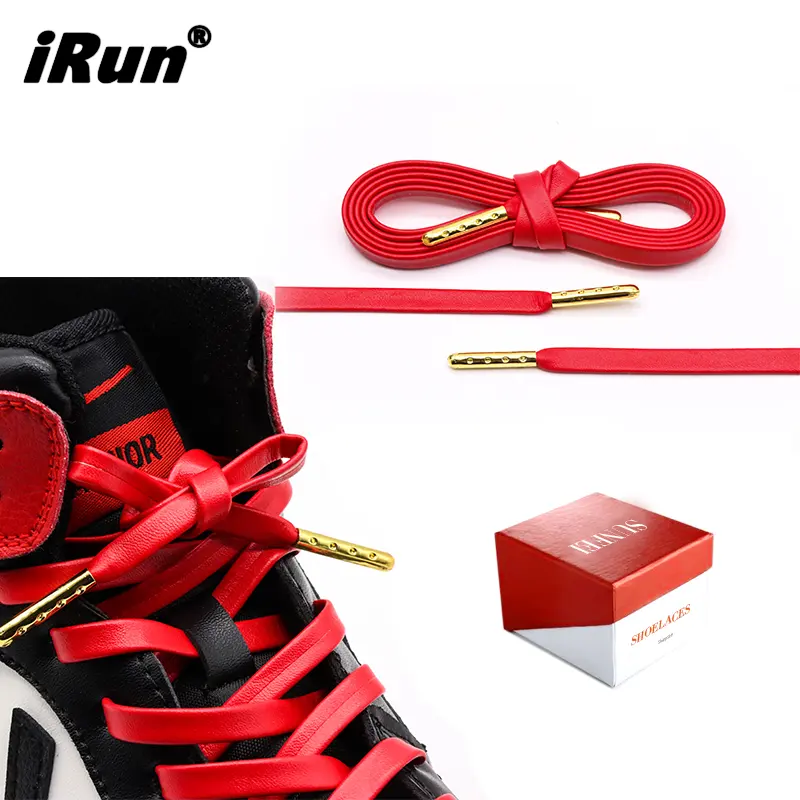 iRun Custom Logo Premium Flat Leather Shoelaces Goatskin Shoelace Strings Metal Tips PU Laces for Boot Sneaker
