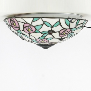 Lámpara de Techo LED de Estilo Tiffany LongHuiJing con Pantalla Redonda de Cristal con Patrón Floral Azul y Rojo - Product Image 2