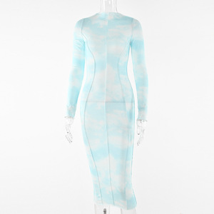 Robe midi à manches longues à col rond imprimée vert bleu, tenue décontractée pour tous les jours - Product Image 5