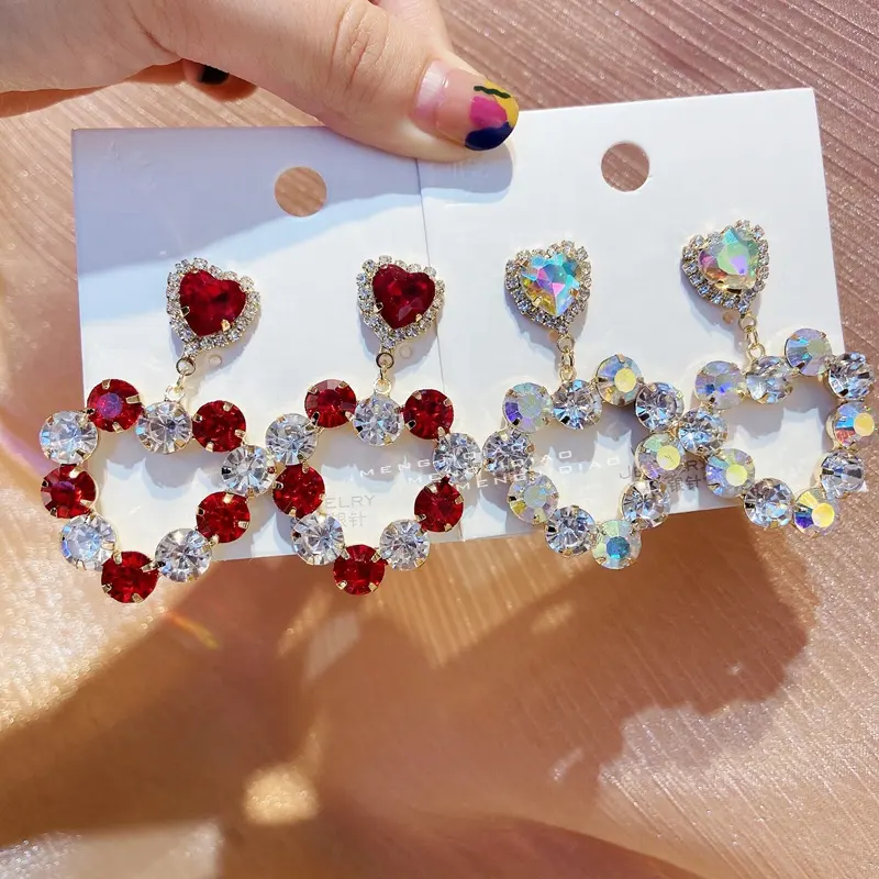 Hàn Quốc Mới Sang Trọng Rỗng Pha Lê Đỏ Trái Tim Thả Bông Tai Tình Yêu Trái Tim Ruby Dangle Tuyên Bố Thả Bông Tai Dangle 2021