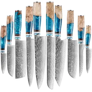 Super Sharp Damascus Steel Chef's Knife Set High Quality Kitchen Cooking Knife With Blue Resin Handle