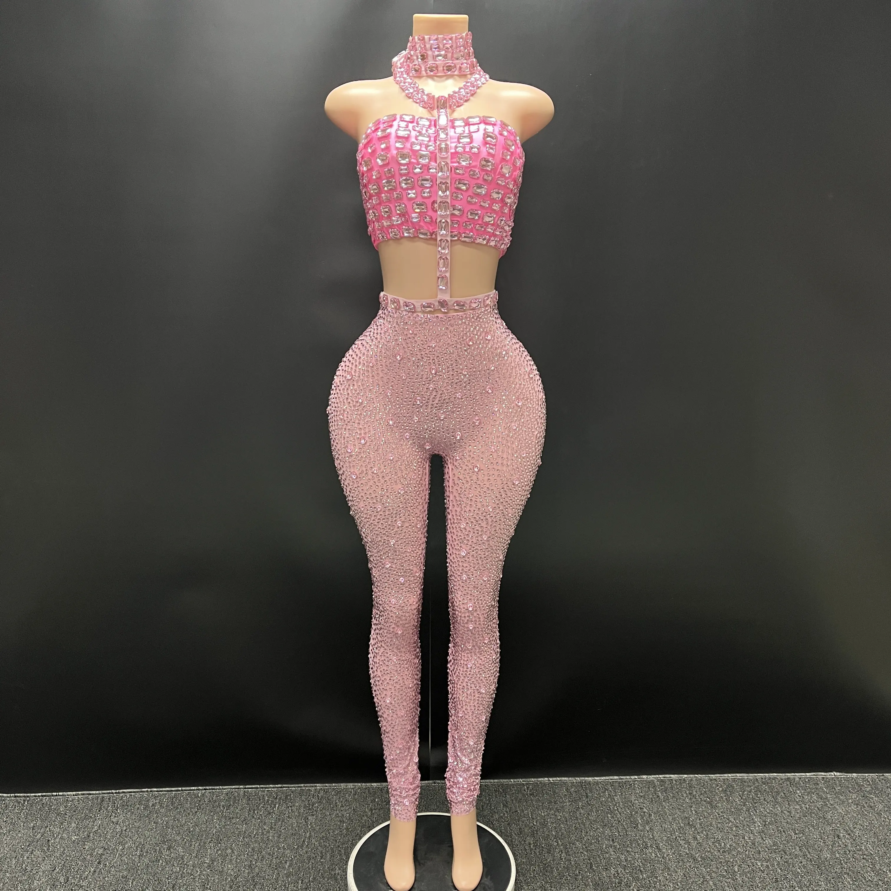 Y3745-E dropshipping productos 2024 rhinestone vest for women bodycon pants sexy mesh see through for causal for club