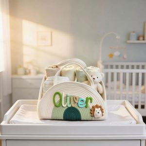 Panier de rangement multifonctionnel portable en coton personnalisé avec nom pour couches de bébé, idéal pour les mamans en voyage - Product Image 1
