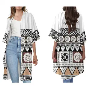 Drop Shipping Moda Verão Manga Curta Praia Mulheres Longo Cardigan Polinésia Tribal Roupas Impresso Quimono Longo das Mulheres