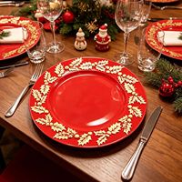 Assiette en PP décorée de feuilles de houx rouges de Noël, vaisselle de restaurant occidental, vaisselle de mariage, Elonna, passe au lave-vaisselle