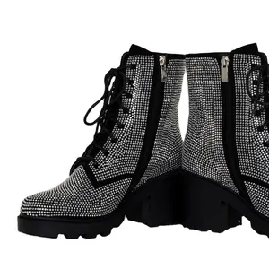 Nuovo arrivo punta rotonda del nastro diamante lace up caviglia stivali per le donne di mezza tacco Stivaletti Corti Scarpe Da Cowboy casuale scarpe stivali