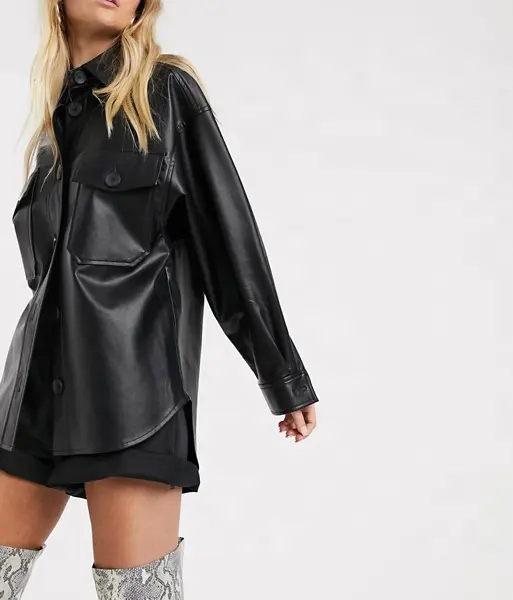 2020 spring/summer spread collar faux leather shirt with chest pockets in black