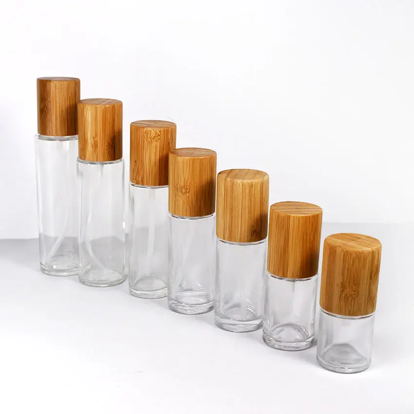 Botella de vidrio transparente con tapa de bambú para emulsión, envase de 20ml, 30ml, 50ml, 60ml, 80ml, 100ml