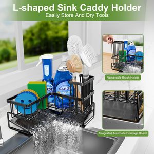 L-Shaped Sink <b>Storage</b> Rack With Dish Brush Holder For <b>Kitchen</b> Countertop <b>Corner</b> Organization Modern Design Multi Purpose Drainer - Product Image 3