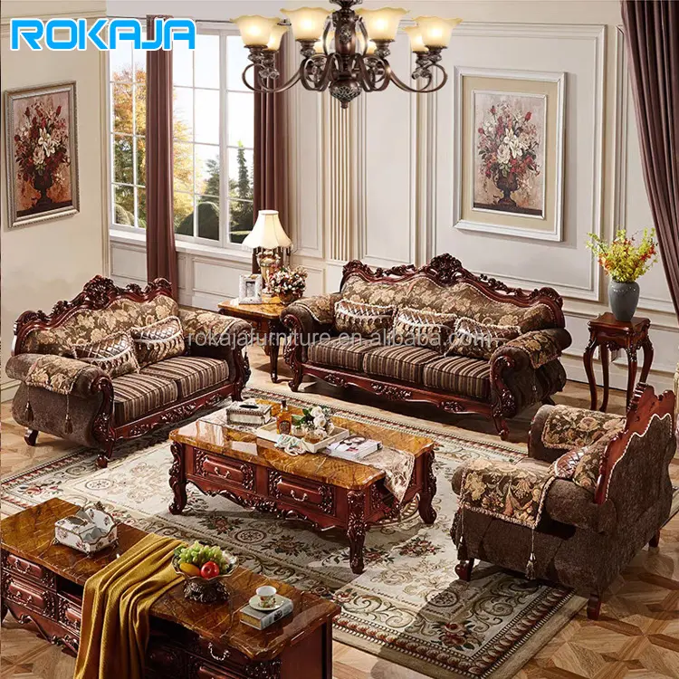 Conjunto de sofá retrô europeu de tecido luxuoso Royal 1 + 2 + 3 lugares, conjunto de sofá para sala de estar, hotel, villa, hotel, sofá de madeira maciça de alta qualidade