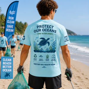 T-shirt de course écologique personnalisé OEM, T-shirt de sport durable en tissu recyclé, séchage rapide, pour course en plein air, marathon, événement sur la plage - Product Image 2