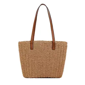 Low price straw bag 2024 wholesale handmade shoulder crochet summer beach bag leather handle big capacity fashion design bag