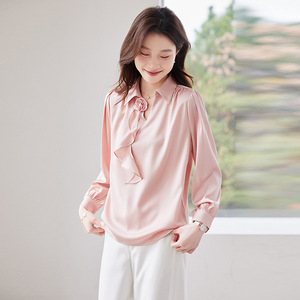 Women's Pink Satin Shirt Long Sleeve Solid Color Asymmetry <b>Wrap</b> Tie Office Blouse Q9972 - Product Image 3