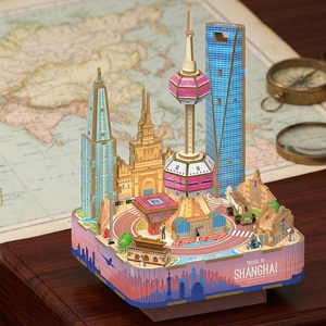 Caja de Música de Madera con Manivela, Estilo Chino, Torre de la Perla Oriental de Shanghái, Rompecabezas 3D de Ciudad, Ensamblaje DIY, Decoración Coleccionable - Product Image 1