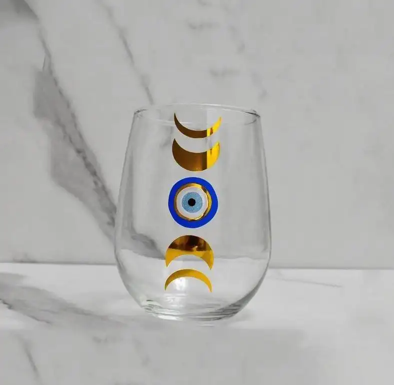 Evil Eye and Moon Phases Stemless Wine Glass For Wine Beer Water and Milk