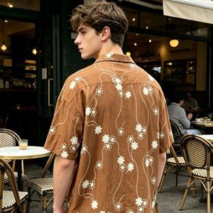 Camisa Casual de Lino/Algodón Marrón para Hombre, con Bordado Floral Jacquard, Tejido Transpirable de Secado Rápido para Verano, Superventas - Product Image 2