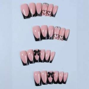 <span class=keywords><strong>Uñas</strong></span> Acrílicas Medianas de Presión, Forma de Ataúd, Punta Francesa, Diseño de Corazón con Lazo, 24 Piezas para Mujer - Product Image 2