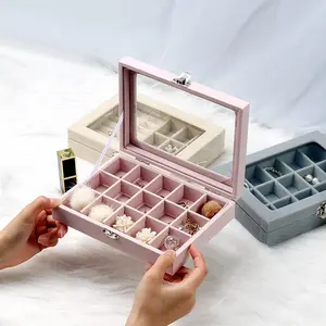 24 Grid Jewelry Storage Box Velvet Jewelry Display Tray with See Through Lid for Ring Earring Ear Studs Gem Organizer