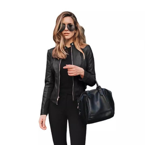 Manteau <span class=keywords><strong>en</strong></span> similicuir uni à col montant - <span class=keywords><strong>Veste</strong></span> <span class=keywords><strong>en</strong></span> PU zippée ajustée pour <span class=keywords><strong>femme</strong></span> pour l'automne et l'hiver - Product Image 6